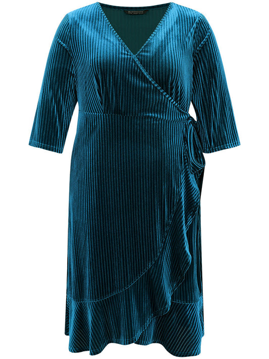 Plain Velvet Ties Arc Hem Overlap Collar Dress