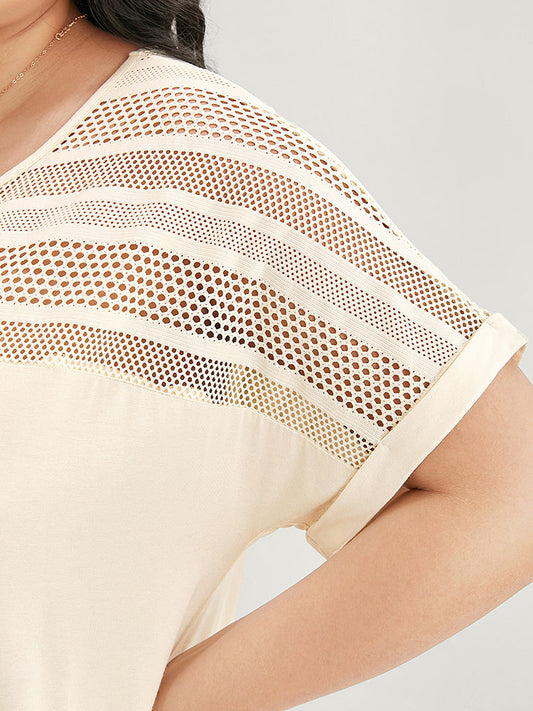 Plain Round Neck Hollow Out Arc Hem T-shirt