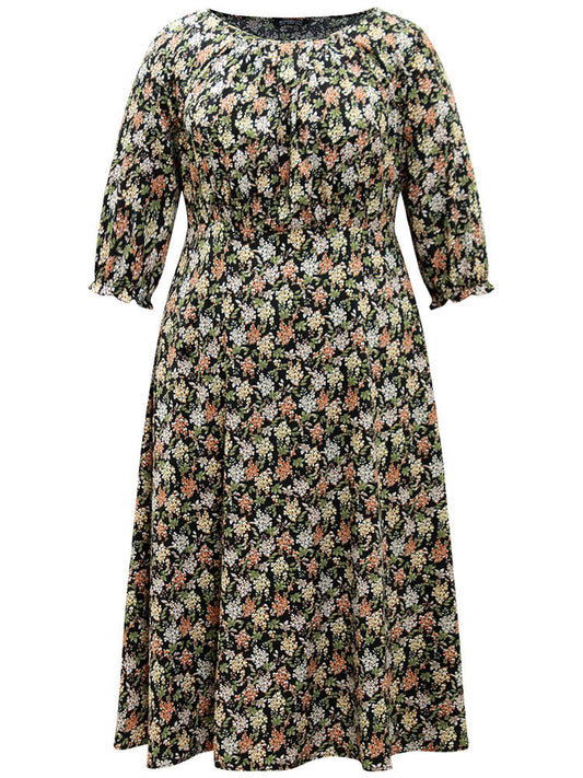 Ditsy Floral Elastic Waist Pleated Dress