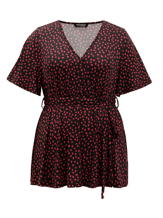 Polka Dot Belted Wrap Ruffle Sleeve T-shirt