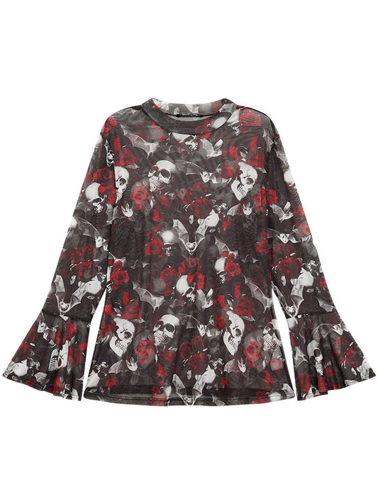 Halloween Skull & Floral Print Mesh T-shirt