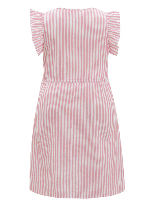 Striped Print Button Detail Ruffle Trim Drawstring Dress