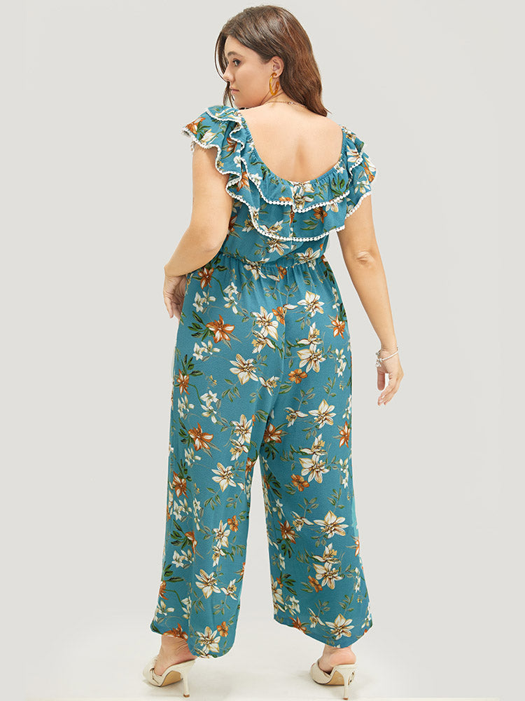 Floral Print Off Shoulder Flutter Trim Pocket Jumpsuit