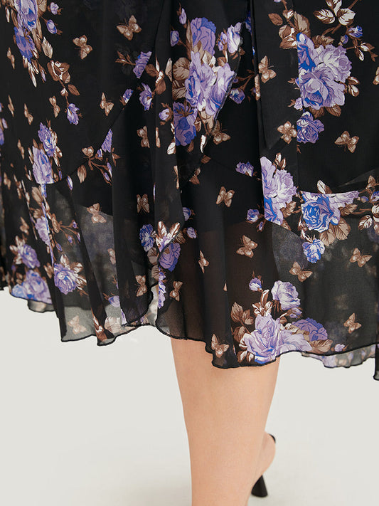 Floral Asymmetrical Hem Pocket Ruffle Trim Surplice Neck Dress