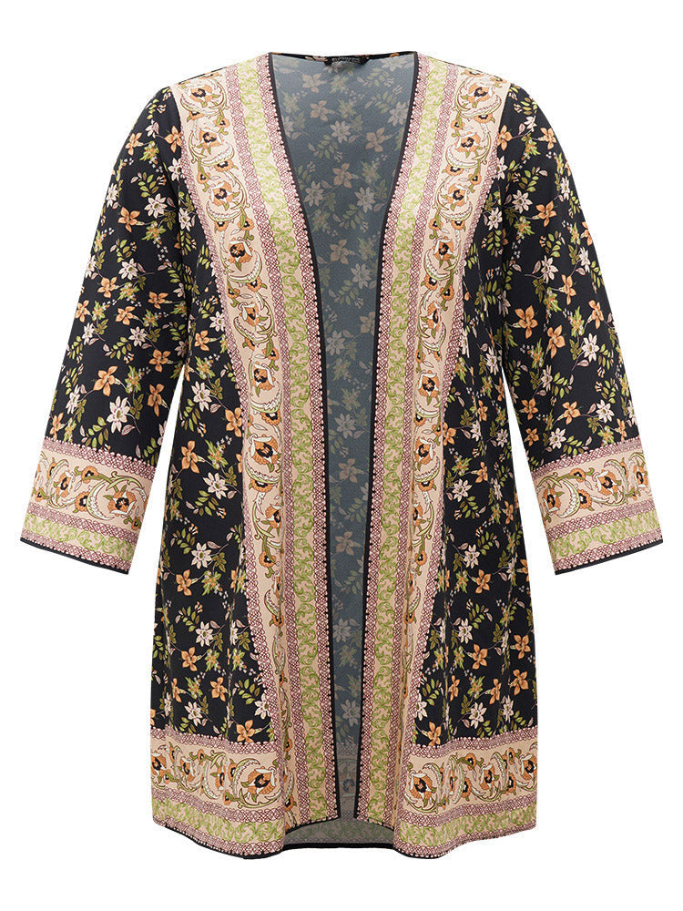 Boho Print Ruffle Sleeve Open Front Kimono