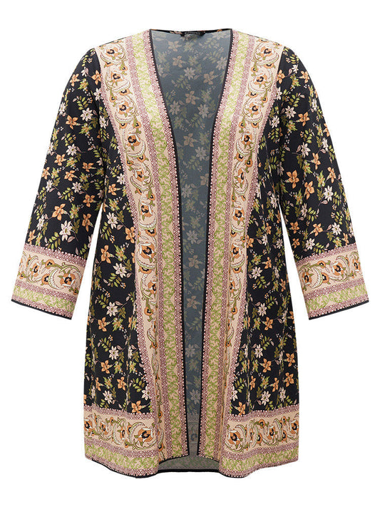 Boho Print Ruffle Sleeve Open Front Kimono