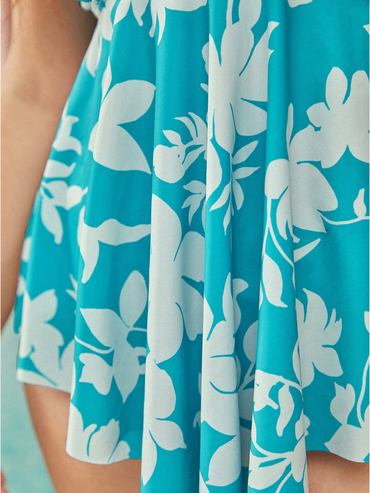 Floral Print Asymmetrical Flutter Hem Wrap Tankini Top