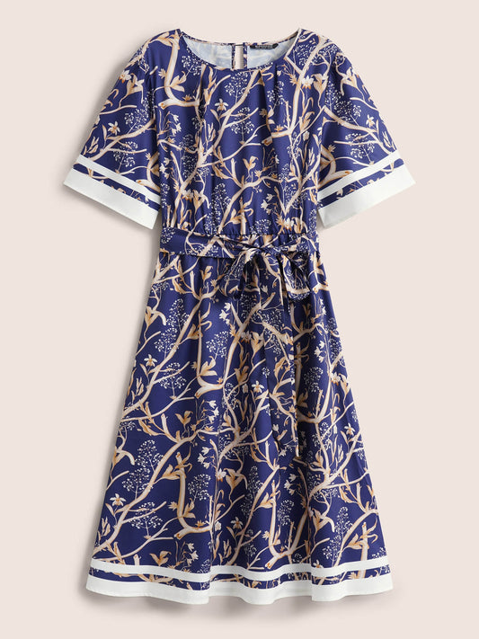 Plants Print Contrast Belted Pleated Dress