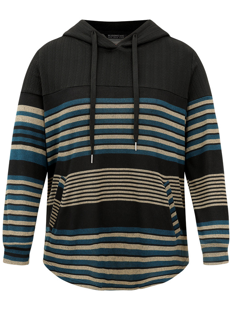 Striped Contrast Curved Hem Hooded Sweatshirt