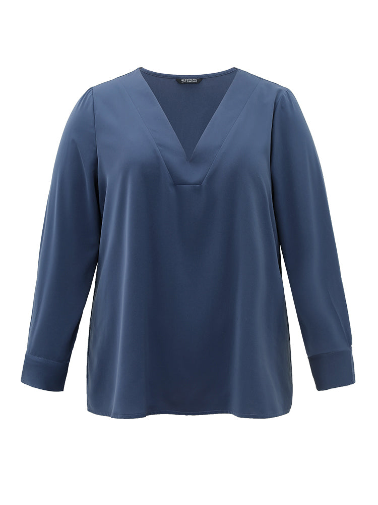 Solid V Neck Button Up Pleated Blouse