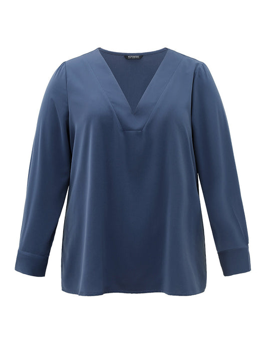 Solid V Neck Button Up Pleated Blouse