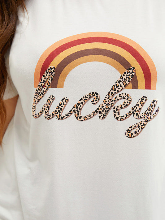 Leopard Letter & Rainbow Round Neck T-shirt