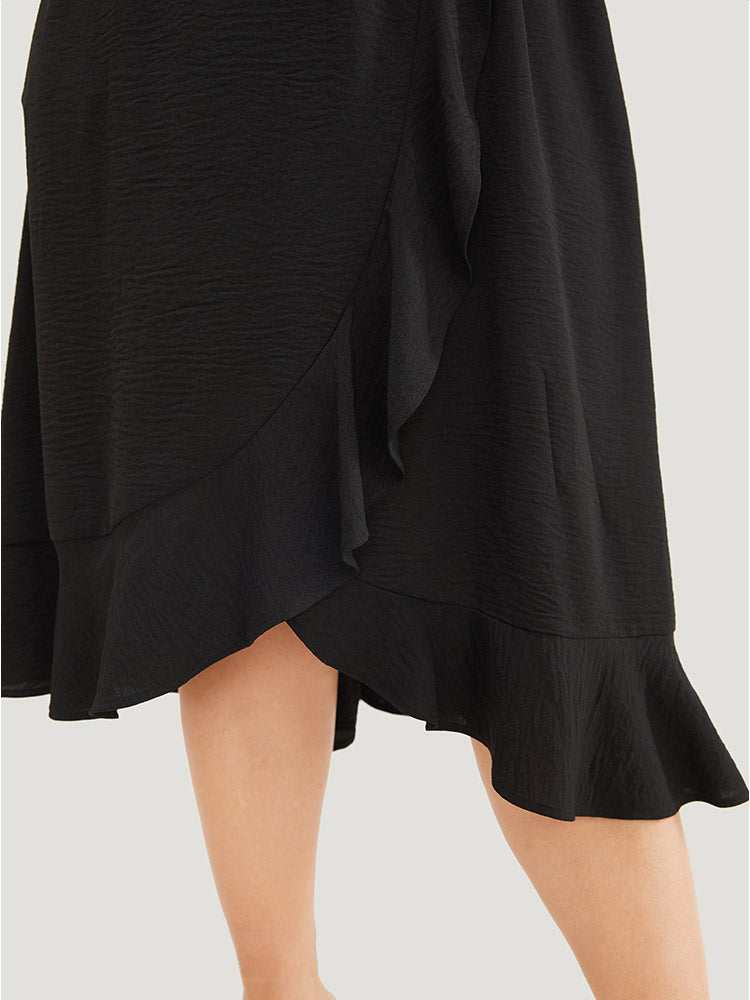 Floral Crochet Insert Wrap Pocket Ruffle Hem Dress