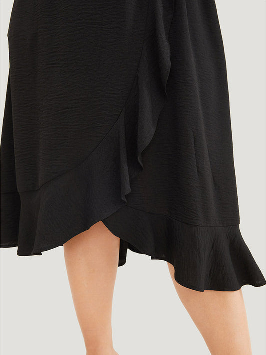 Floral Crochet Insert Wrap Pocket Ruffle Hem Dress