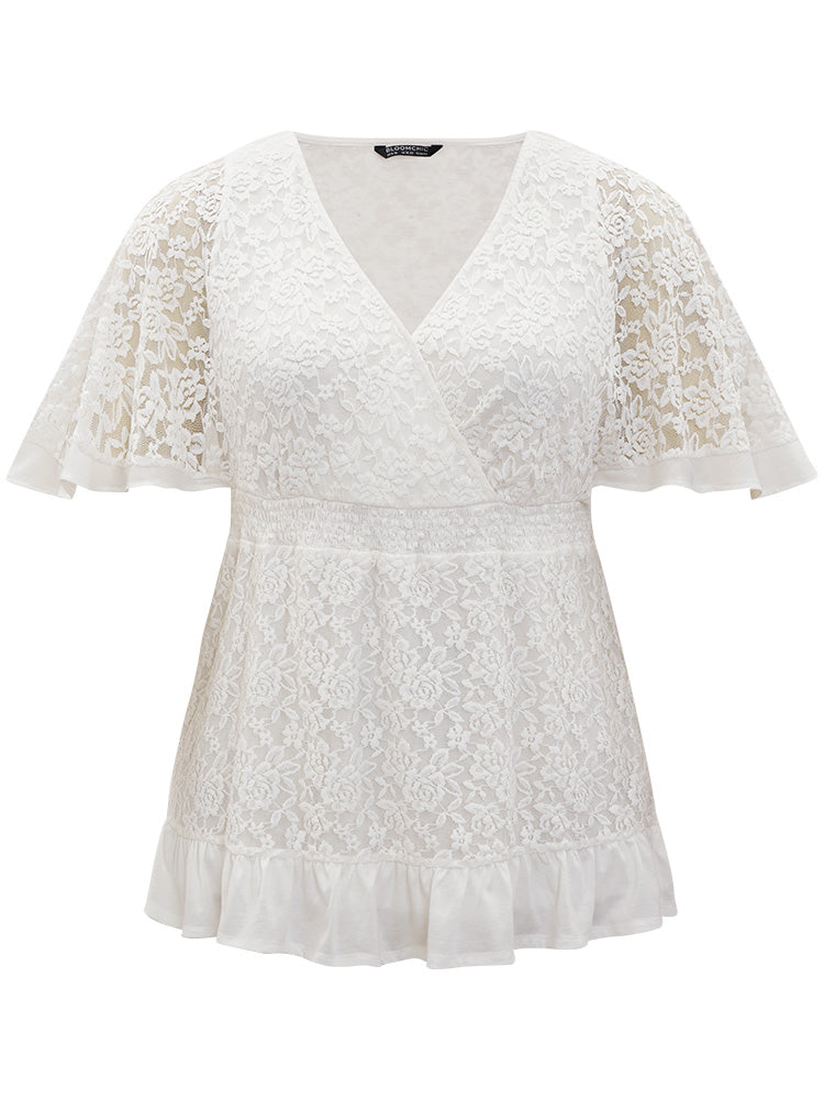 Crochet Lace Mesh Shirred V Neck Ruffle Trim T-shirt