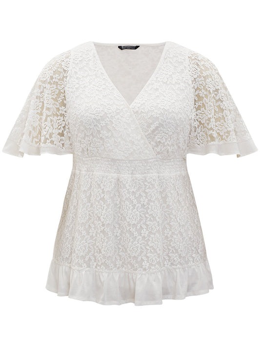 Crochet Lace Mesh Shirred V Neck Ruffle Trim T-shirt