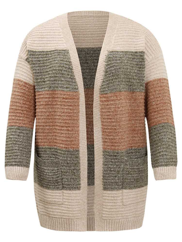 Plisse Colorblock Patched Pocket Open Front Cardigan