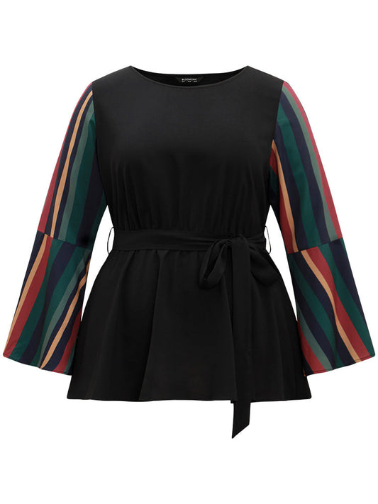 Striped Patchwork Belted Bell Sleeve Blouse