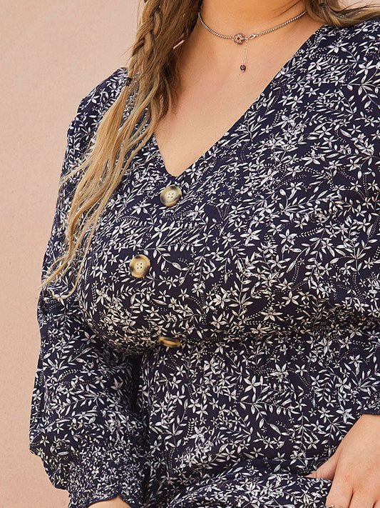 Button Printing V-Neck Split Dress