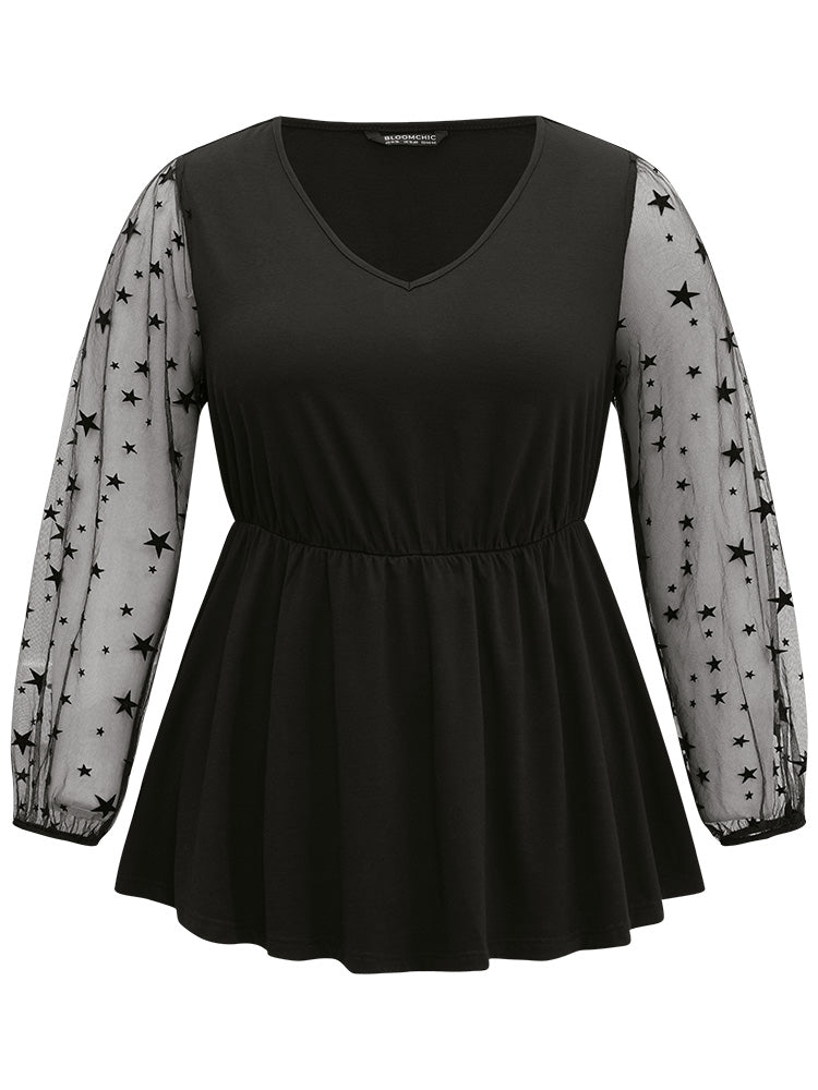 Halloween Star Flocking Mesh Flutter Hem T-shirt