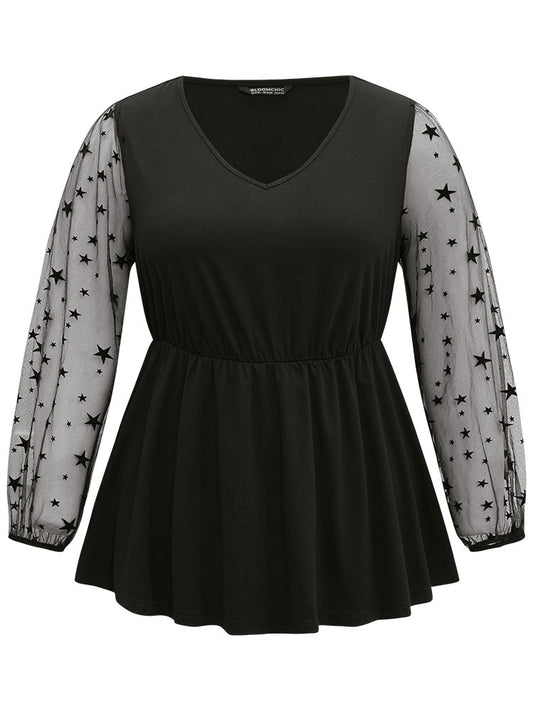 Halloween Star Flocking Mesh Flutter Hem T-shirt