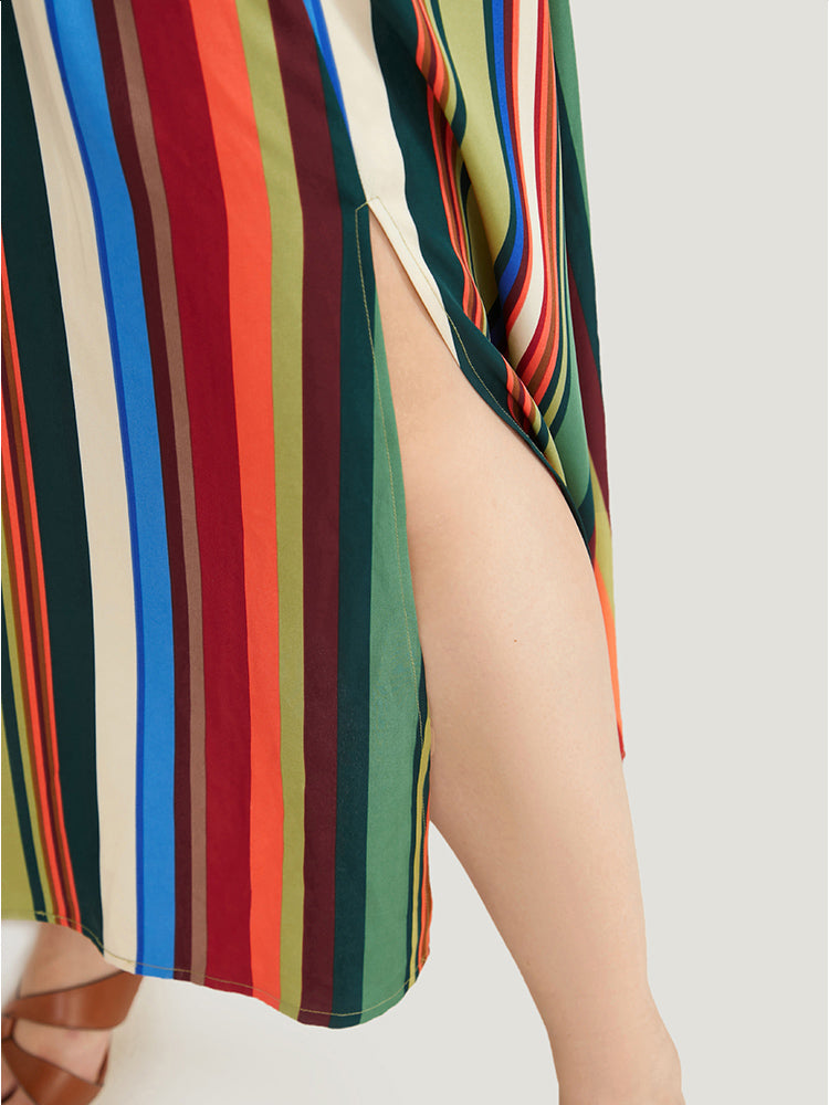 Striped Contrast Split Hem Knot Sleeve Cold Shoulder Dress