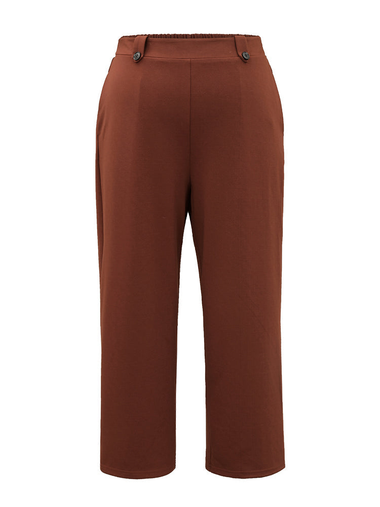 Plain Button Detail Straight Leg Pants