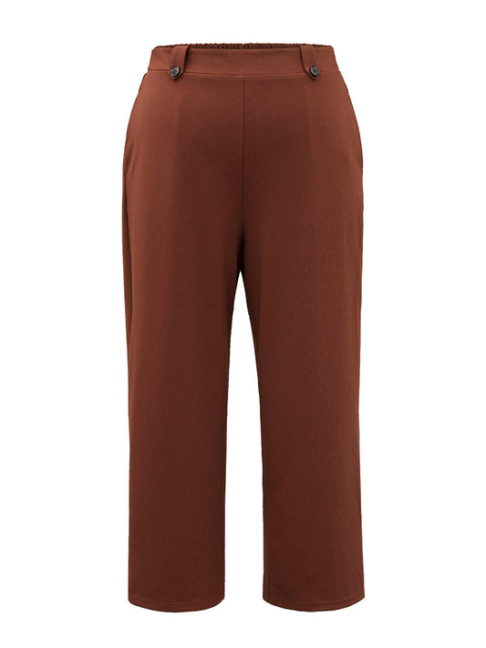 Plain Button Detail Straight Leg Pants