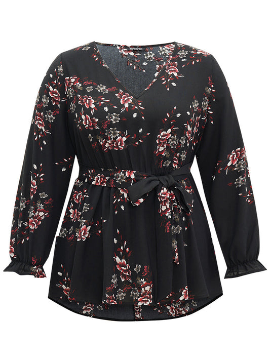 Floral Elastic Waist Ruffles Ties Lantern Sleeve Blouse