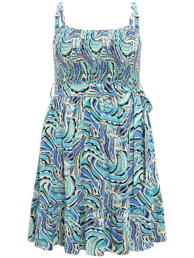 Water Ripple Print Shirred Pocket Belted Cami Dress