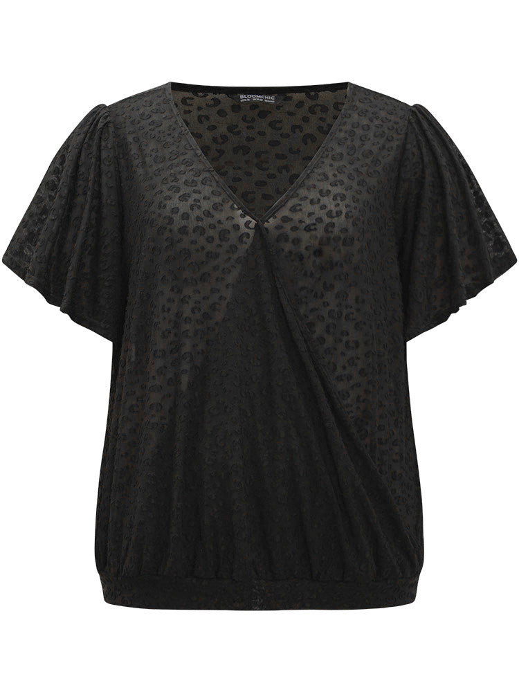 Plisse Surplice Neck Ruffle Trim T-shirt