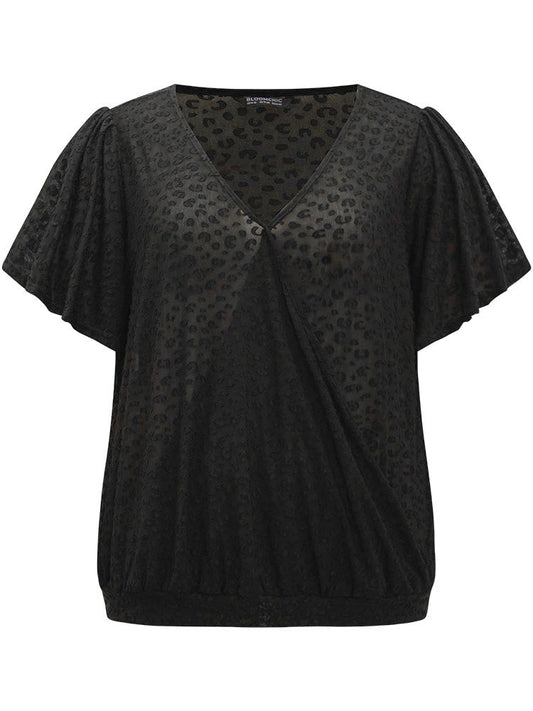 Plisse Surplice Neck Ruffle Trim T-shirt