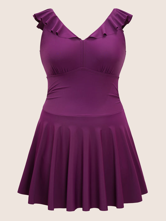 Plain Ruffles Gathered Adjustable Straps Swim Dress