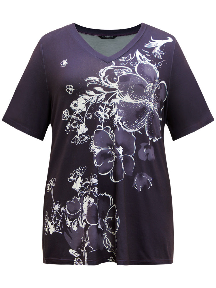Floral Print V Neck T-shirt