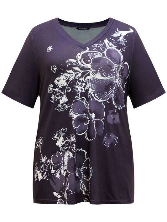 Floral Print V Neck T-shirt