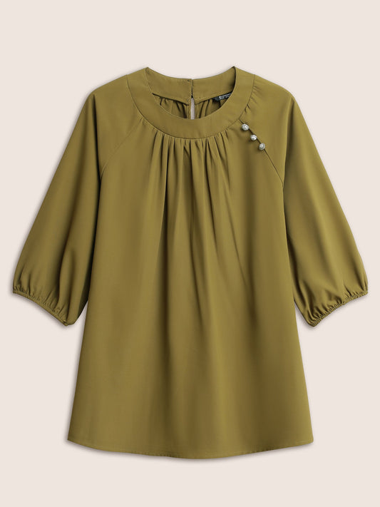 Static-Free Plain Gathered Button Detail Blouse