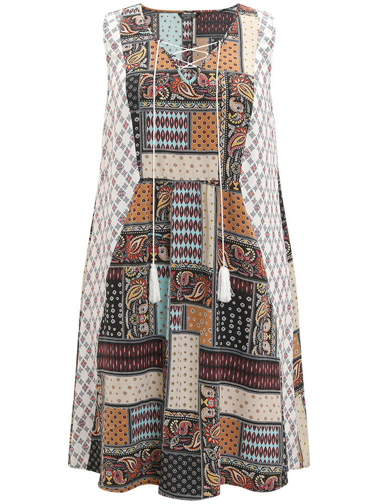Boho Print Lace Up Ruffle Hem Tank Dress