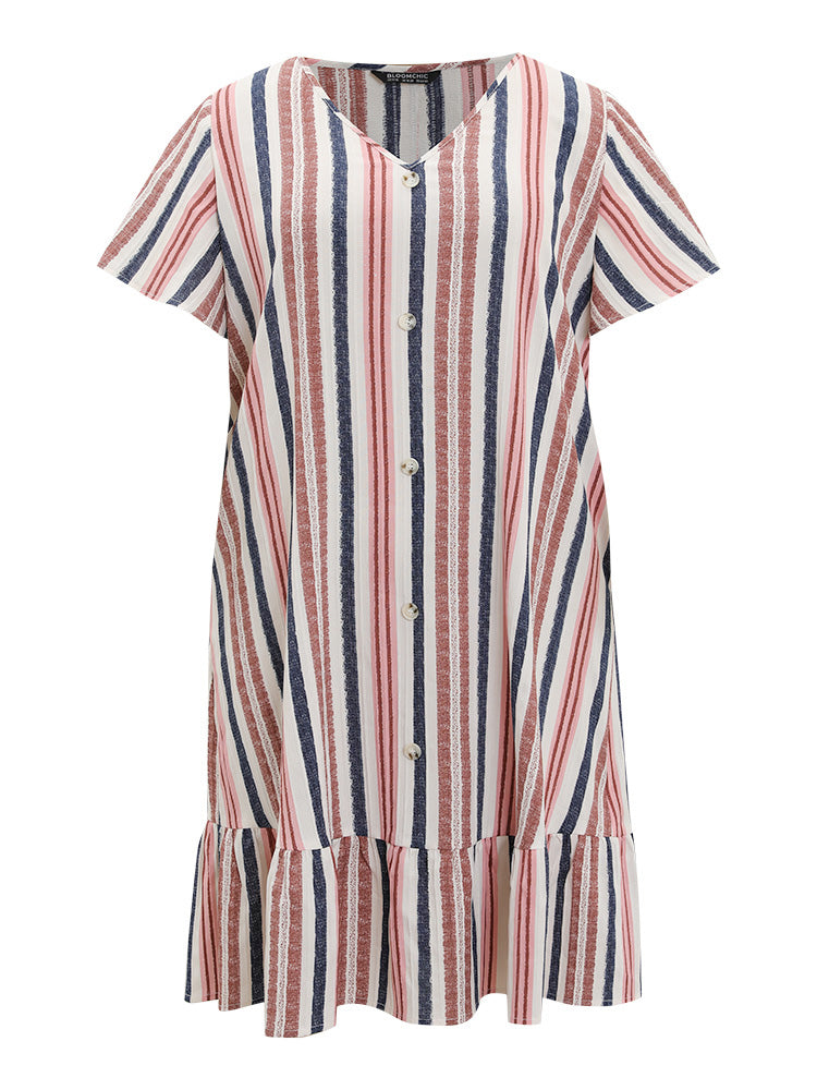 Striped Button Detail Pocket Ruffle Hem Dress