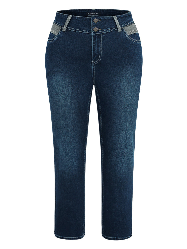 Contrast Patchwork Dark Wash Straight Leg Jeans