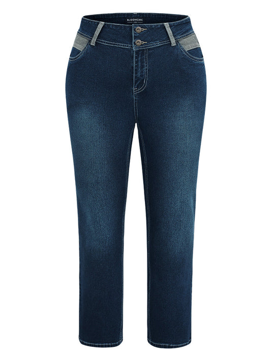Contrast Patchwork Dark Wash Straight Leg Jeans