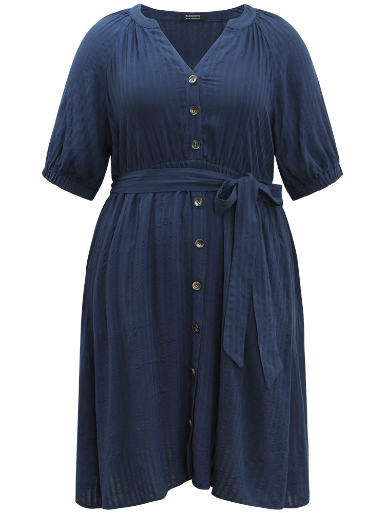 Solid Button Through Notched Belted Dress