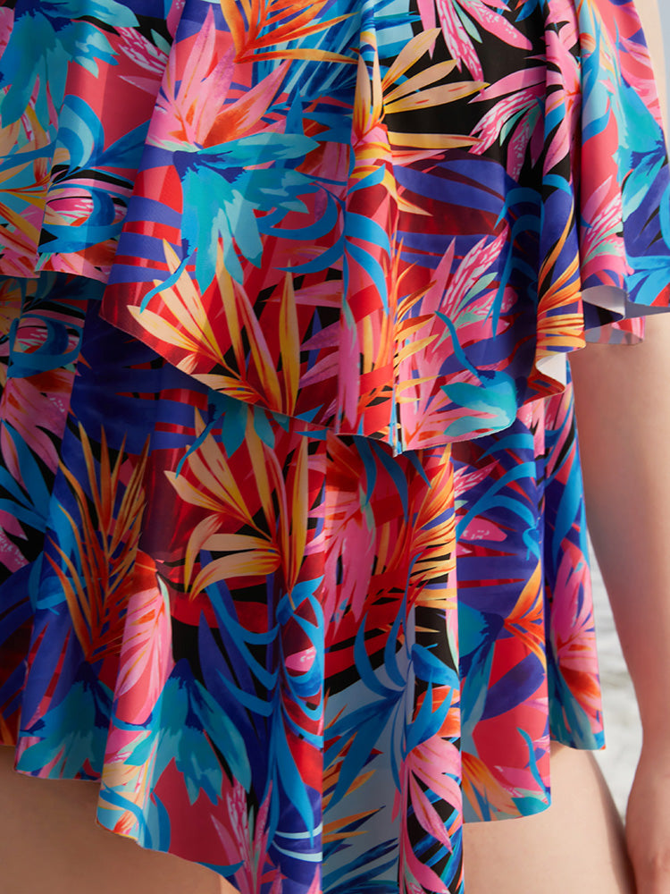 Tropical Print Ruffle Tiered Tankini Top