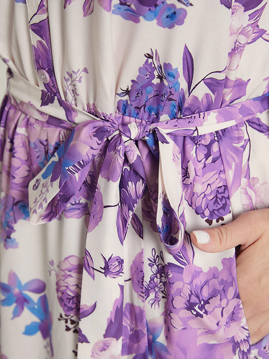 Floral Printed Pocket Ruffle Sleeve Belted Button Up Dress