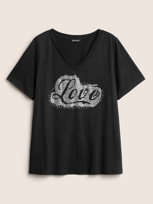 Love Rhinestone V Neck T-shirt
