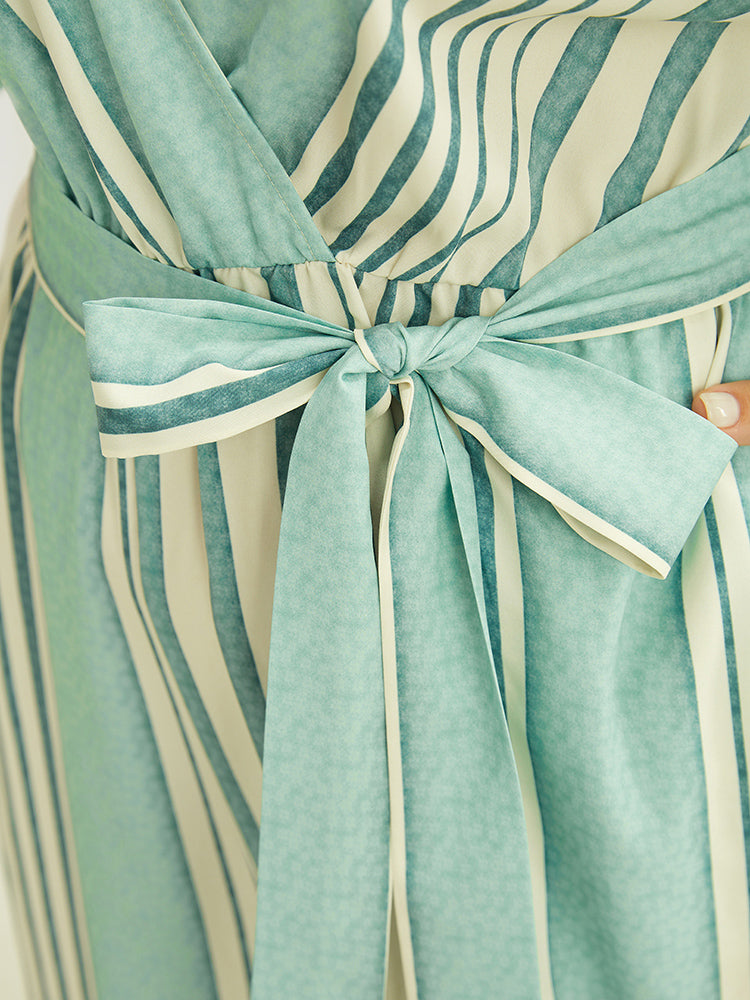 Striped Print Pocket Belt Wrap Dolman Sleeve Jumpsuit