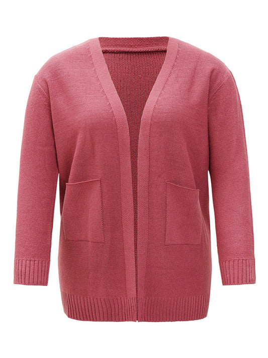 Solid Patched Pocket Open Front Long Sleeve Cardigan
