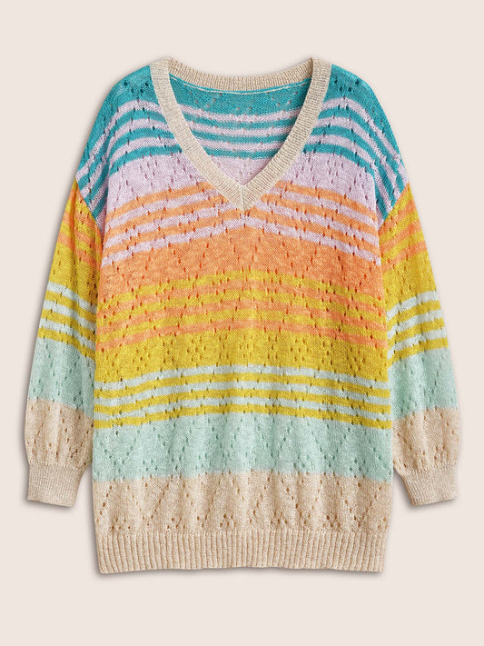 Color Striped Hollow Out Sweater T-shirt