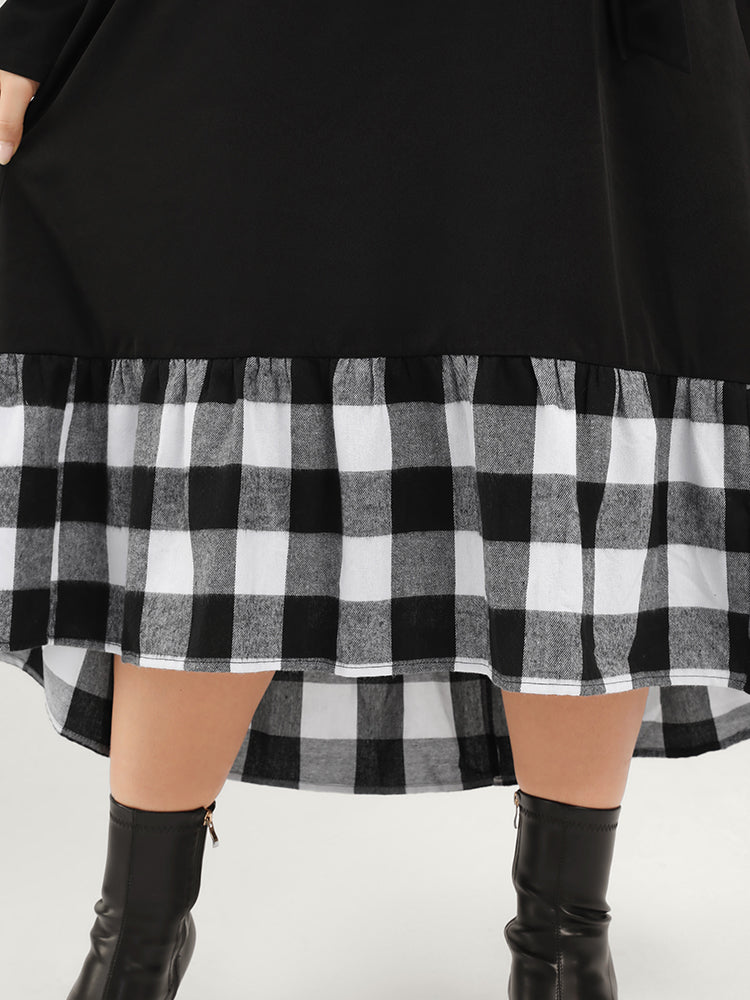 Plaid Patchwork Pocket Belted Asymmetrical Hem Dress