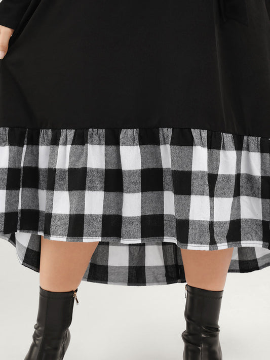 Plaid Patchwork Pocket Belted Asymmetrical Hem Dress