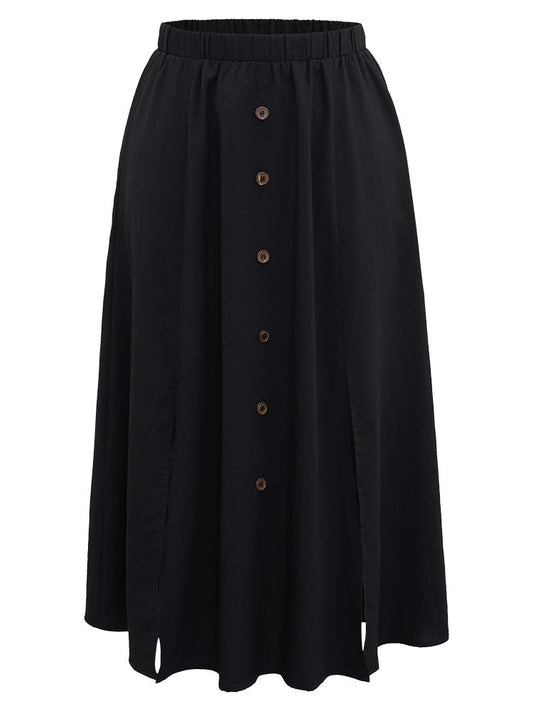 Plain Elastic Waist Pocket Button Detail Split Hem Skirt